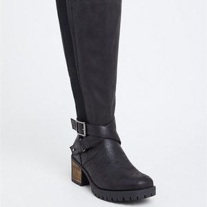 Torrid BLACK FAUX LEATHER MOTO KNEE-HIGH BOOT | 10.5W- EXW Calf